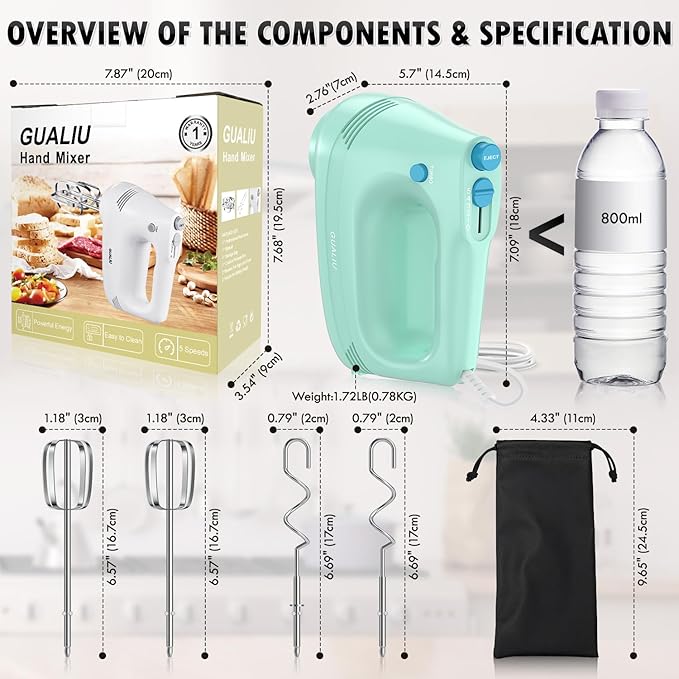 Electric Hand Mixer with Stainless Steel Whisk, Dough Hook Attachment and Storage Bag, Handheld Mixer for Baking Cakes, Eggs, Cream Food Mixers. Turbo Boost /5 Speed Kitchen Blender GREEN