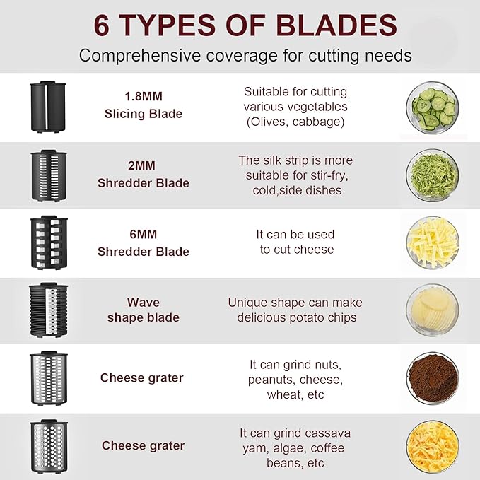 Electric Cheese Grater with 6 Different Shapes of Blades for Home Kitchen Use,250W Salad Shooter Electric Slicer for Vegetables,Fruits,Cheeses,Gray