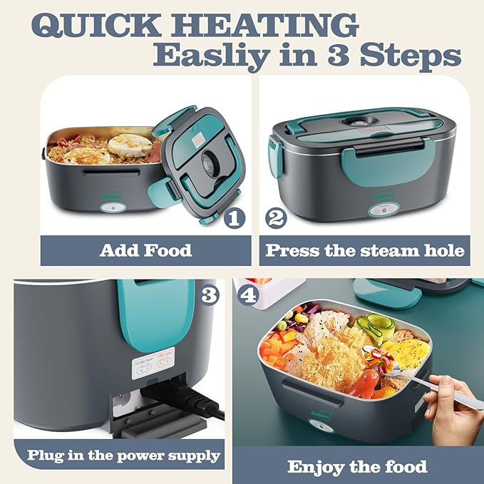 Buddew Electric Heated Lunch Box for Adults - 80W Fast Heating, 1.5L Food-Grade Stainless Steel, 12V/24V/110V Portable Food Warmer for Work Travel Car, Lonchera Electrica Portatil (Blue)