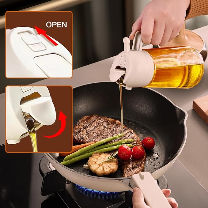 YARRAMATE 16oz/470ml Glass Olive Oil Sprayer for Cooking with Stickers, 2 in 1 Oil Dispenser for Kitchen Gadgets, Food Grade Premium Spray Bottle for Salad, Frying, BBQ (Creamy White)