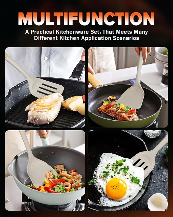 Silicone Wok Spatula Turner Set, Perfect for Scooping, Flipping, Lifting Pancakes and Picking up Veggies, BPA-Free Matte Silicone, Wooden Handles, Safe for Nonstick Cooking Surfaces (Khaki)
