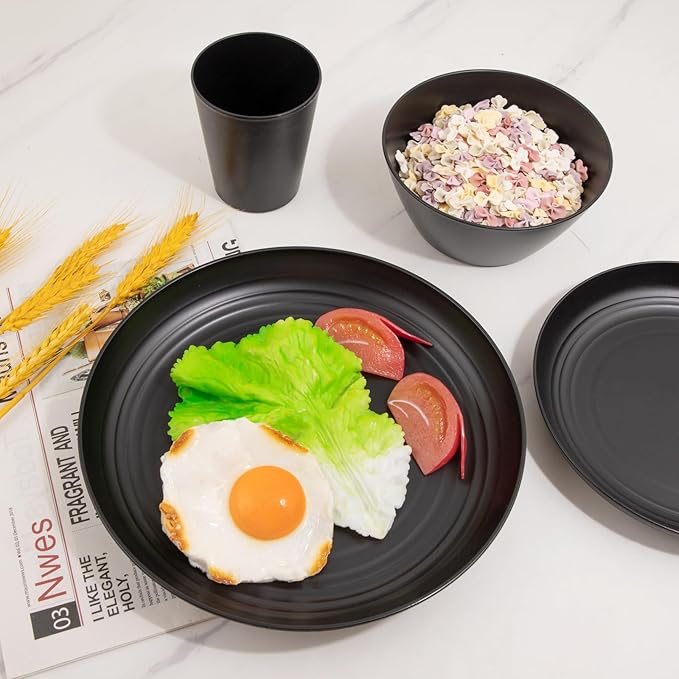LIYH 48 Pcs Black Wheat Straw Plates and Bowls Dinnerware Set Camping Dish Set for 12, Plastic Plates and Bowls, Dishwasher Safe Dinnerware Sets, Unbreakable Plastic Camper Dishes Sets