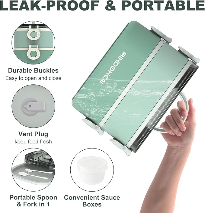 Lunch Box, Stackable 2 Layers Containers, Portable 64OZ Large Capacity Leakproof Bento Box with Spoon & Fork & Sauce Boxes, Microwave Safe Lunch Box for Kids and Adults