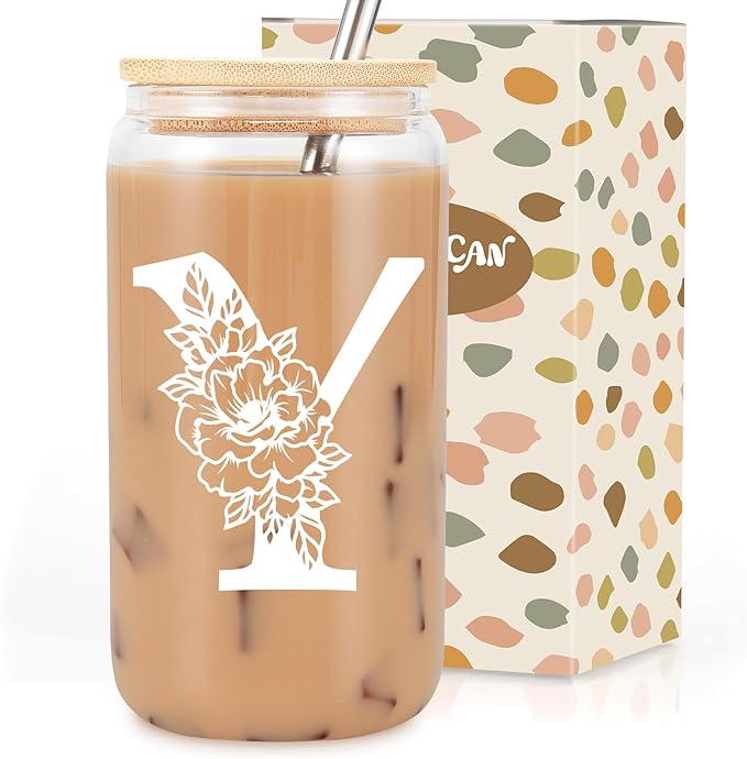 Coolife Initial Glass Cup, Monogrammed Gifts for Women, 16 oz Glass Cups w/Lids Straws, Iced Coffee Smoothie Beer Tumbler w/Straw Lid - Personalized Christmas, Birthday Gifts for Her Mom Friend Woman