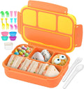 QQKO Bento Box for Kids Adults, School Toddler Lunch Box for Boys Girls, Lunch Box Containers with 4 Compartments, Sauce Container, Utensils, Food Picks and Muffin Cups for School, Orange Yellow