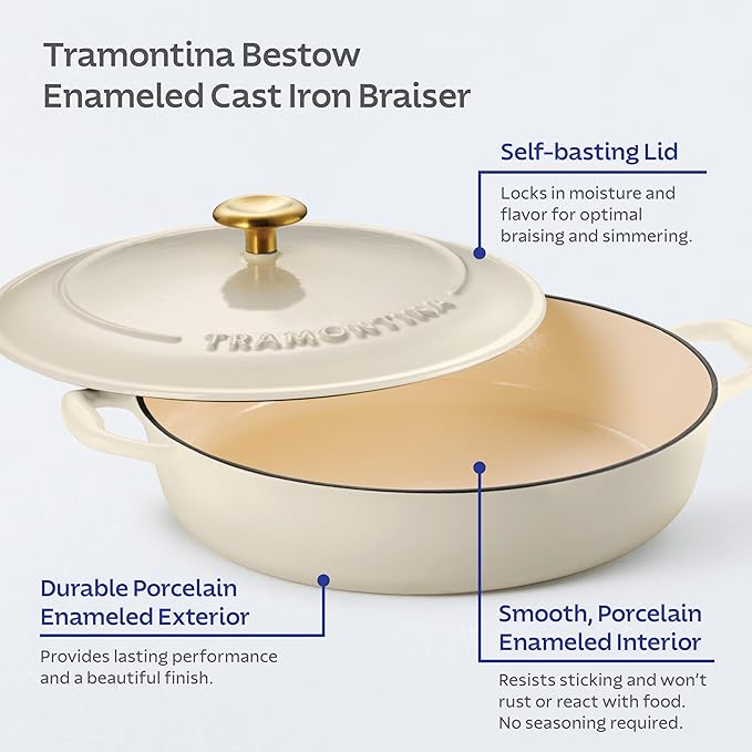 Tramontina Bestow Enameled Cast Iron Braiser Pan with Lid, 4-quart, Latte with Gold Knob