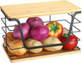 ALOCEO Large Wire Basket for Kitchen Pantry, Stainless Steel Kitchen Counter Organizer for Potato Onion, Trash Bag Dispenser Under Sink with Bamboo Top, Black