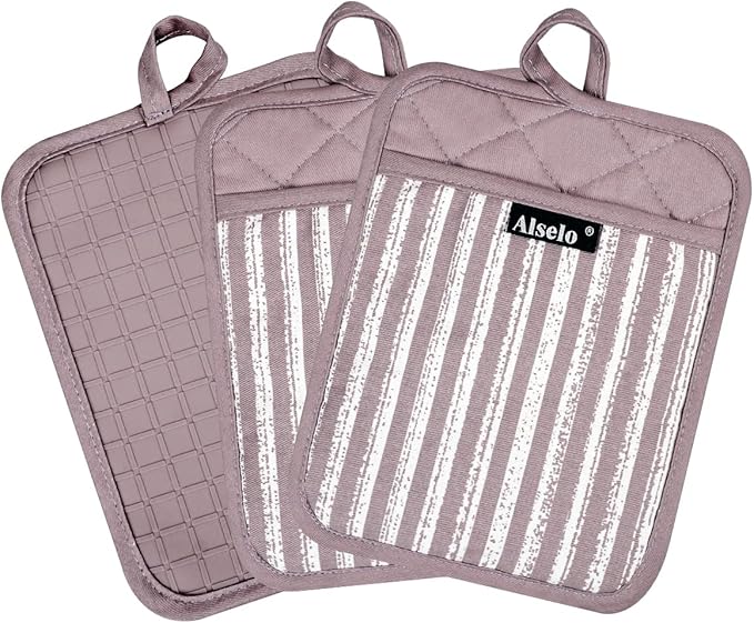 Silicone Pot Holders Set of 3 Heat Resistant & Non Slip Potholders, Professional Oven Hot Pads with Pockets Mitts for Kitchen Cooking Baking Barbecue (3, Purple)