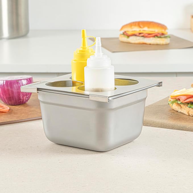 Restaurantware Squeeze Bottle Template Pack of 1 Stainless Steel 4 Hole Holder Top, 2.5" Diameter Fits 1/6 Size Food Pans, Dishwasher Friendly Integrated Lip Design Holder Top for Condiment Bottles