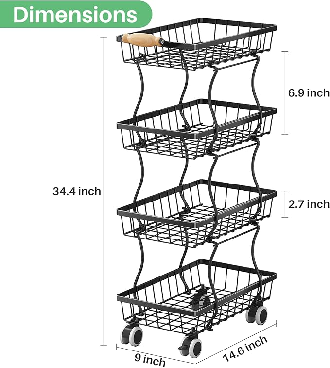 Fruit Basket Kitchen Pantry Organizers and Storage - 4 Tier Stackable Metal Wire Basket Stand for Fruit Vegetable Snacks Jars Bins Containers Organization, Black