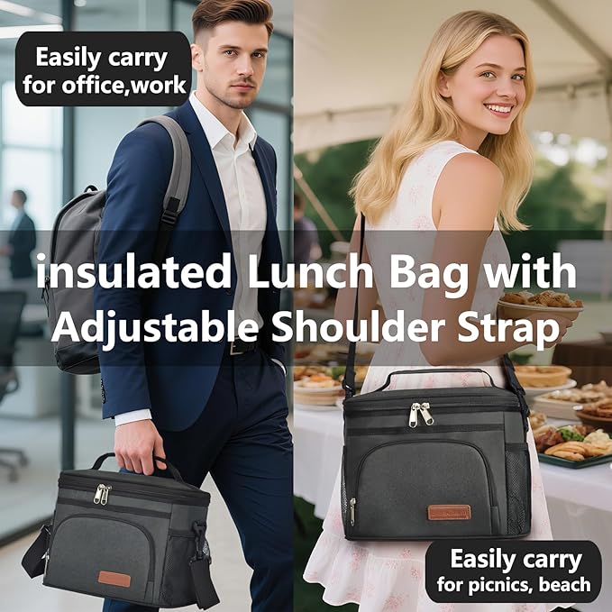 ExtraCharm Insulated Lunch Bag for Women/Men - Reusable Lunch Box for Office Picnic Hiking Beach - Leakproof Cooler Tote Bag Organizer with Adjustable Shoulder Strap for Adults - Black
