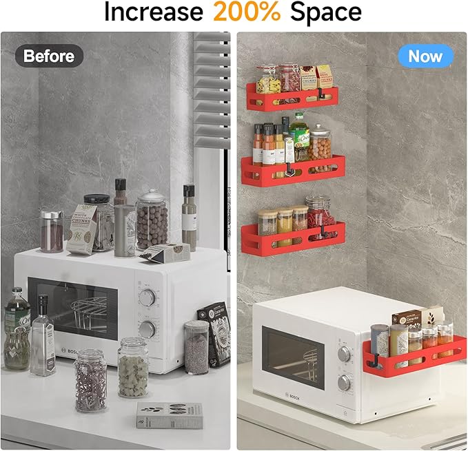 4 Pack Magnetic Spice Rack for Refrigerator, Spice Rack Organizer, Moveable Magnetic Shelf Fridge Organizer with 4 Hooks for Kitchen and Oven Organization, Red