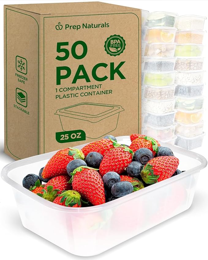 Prep Naturals 25 oz Meal Prep Containers - BPA-Free Food Storage Containers with Lids - Microwave & Freezer Safe Soup Bowls with Lids - Dishwasher Safe Meal Prep Bowls - Pack of 50, Clear