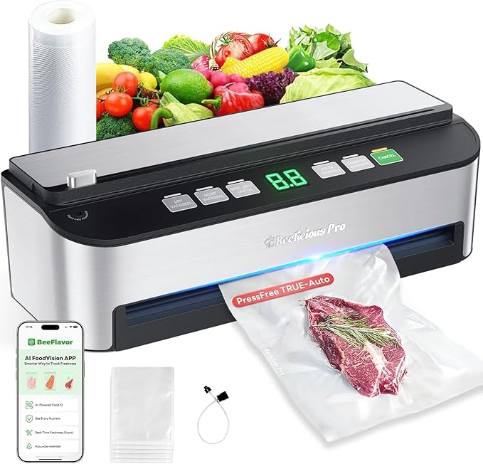 PressFree TRUE-Auto Vacuum Sealer Machine, Beelicious Pro 85KPA Fully Automatic 8-IN-1 Food Sealer with Bags Storage, Build-in Cutter, Moist Mode and Air Suction Hose |Sous Vide | Digital Countdown