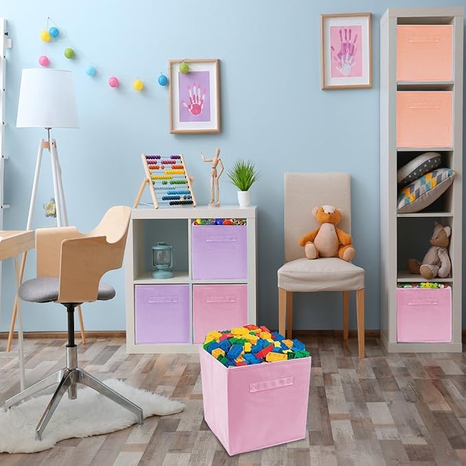 Sorbus Storage Cubes - 11" Foldable Storage Bins with Handle for Nursery, Playroom, Closet Organizers and Storage - 6 Fabric Shelf Basket for Toys, Books, Clothes - Orange Purple & Pink Storage Cubes