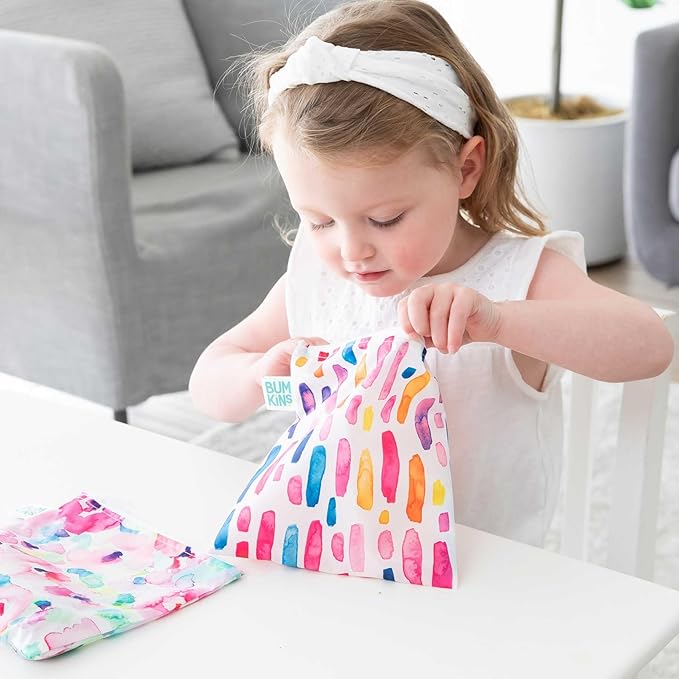 Bumkins Reusable Sandwich and Snack Bags, for Kids School Lunch and for Adults Portion, Washable Fabric, Waterproof Cloth Zip Bag, Travel Pouch, Food-Safe, Large 2-pk Watercolors and Brushstrokes