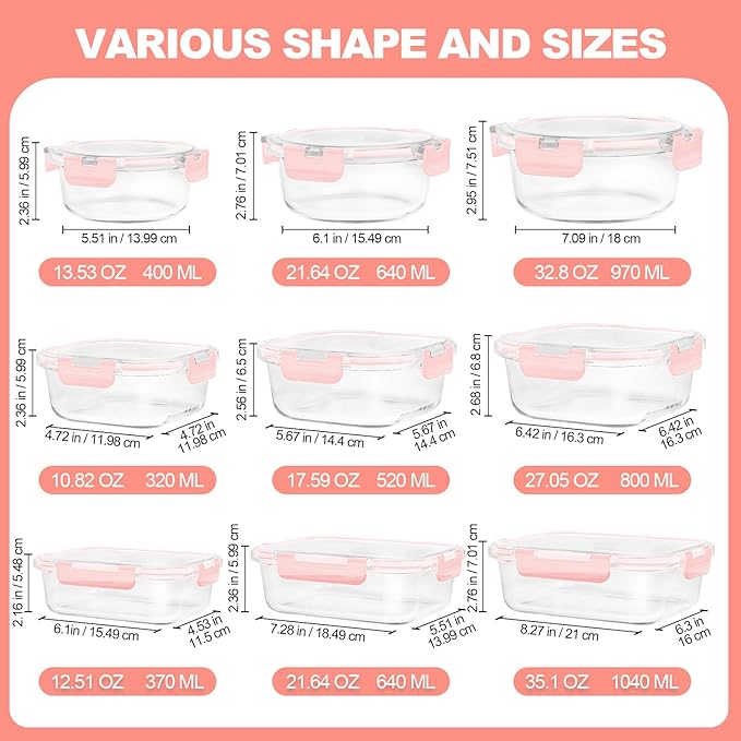 Skroam 12 Pack Glass Food Storage Containers with Lids, Meal Prep, Pantry Kitchen Storage Containers for Lunch, Leak Proof, Airtight Glass Lunch Bento Boxes for Microwave, Oven, Freezer, Pink