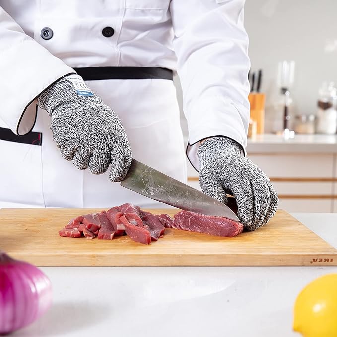 Dowellife 3 Pairs Cut Resistant Gloves Food Grade Level 5 Protection, Safety Kitchen Cuts Gloves for Mandolin Slicing, Fish Fillet, Oyster Shucking, Meat Cutting and Wood Carving (Black Gray, Medium)