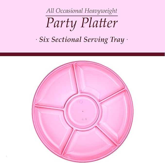 Plasticpro 6 Sectional Round Plastic Serving Tray/Platters Pink Pack of 4