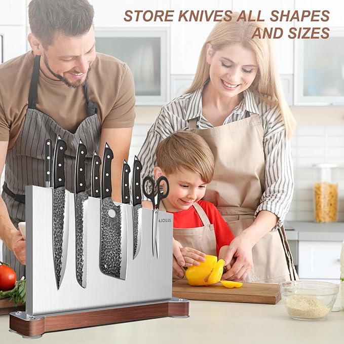 Large Magnetic Knife Holder16.15 x 11 Inches, Double Sided Magnetic Knife Block Without Knives, Stainless Steel Knife Storage Rack for Kitchen Counter With Strong Magnet Stand & Wood Base