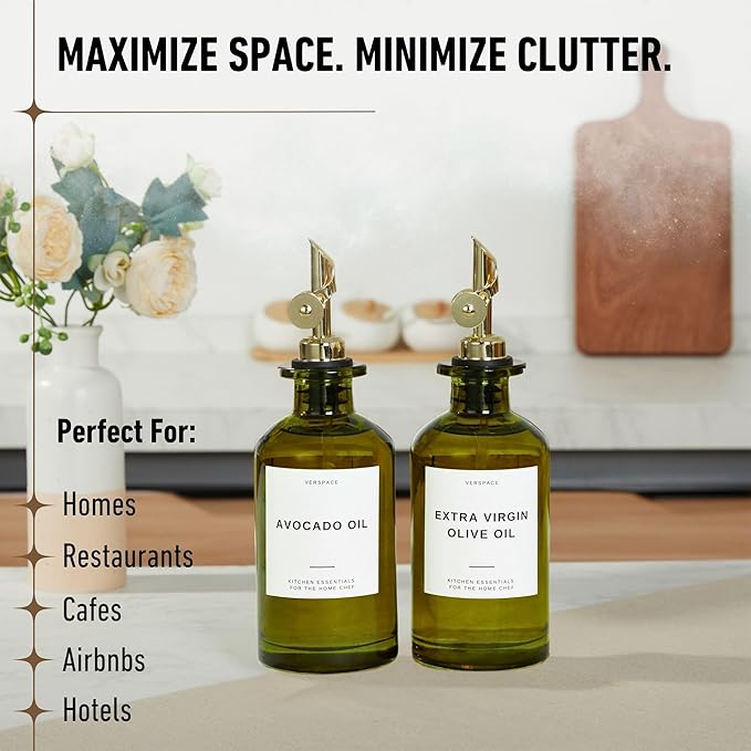 Green Glass Olive Oil Dispenser Bottle For Kitchen, Avocado Oil Dispenser Set, Modern Decor, Gold Kitchen Accessories for Home, Airbnb, Cafe (Gold, Set of 2)