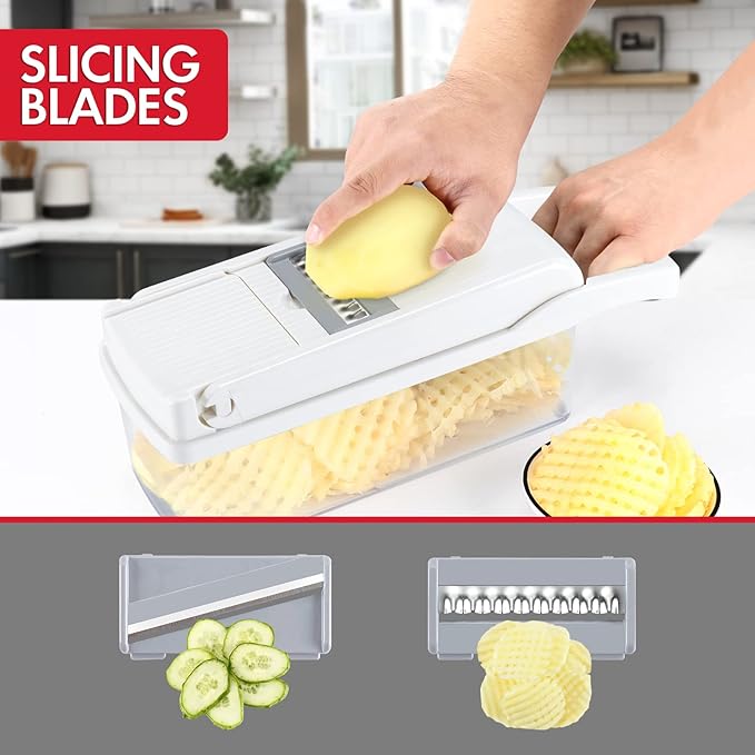 Ourokhome Vegetable Chopper Onion Cutter, 12 in 1 Professional Mandoline Slicer for Kitchen, Multifunctional Food Chopper for Potato, Tomato, Veggie with Strainer Basket, 8 Blades, White