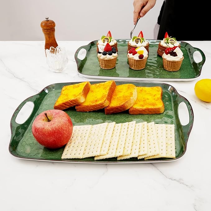 TP Serving Trays with Handles, 17 x 12 Inch Melamine Serving Platters for Food, Meat, Set of 2 Rectangular Trays for Eating, Retro Green