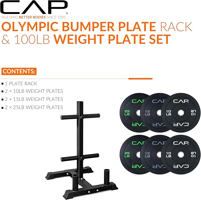 CAP Barbell 2-Inch Olympic Bumper Plate Weight Set with 6 Post Rack | 100-370 lbs | Multiple Options