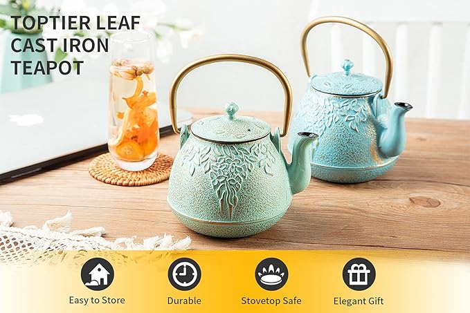 TOPTIER Japanese Teapot with Stainless Steel Infuser, Cast Iron Tea Kettle Stovetop Safe, Leaf Design Coated with Enameled Interior for 32 Ounce (950 ml), Light Green