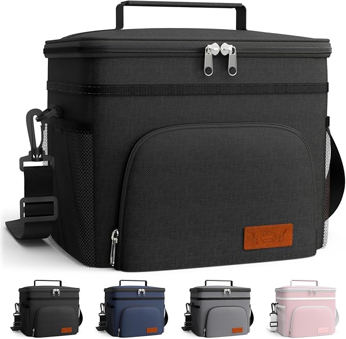 HOTOR Insulated Lunch Box for Men & Women - Leak-Proof Cooler Lunch Bag with 4 Pockets, Adjustable Strap, Ideal for Work, Picnic, Travel - Large, Black, 15.0"×12.2"×11.0"