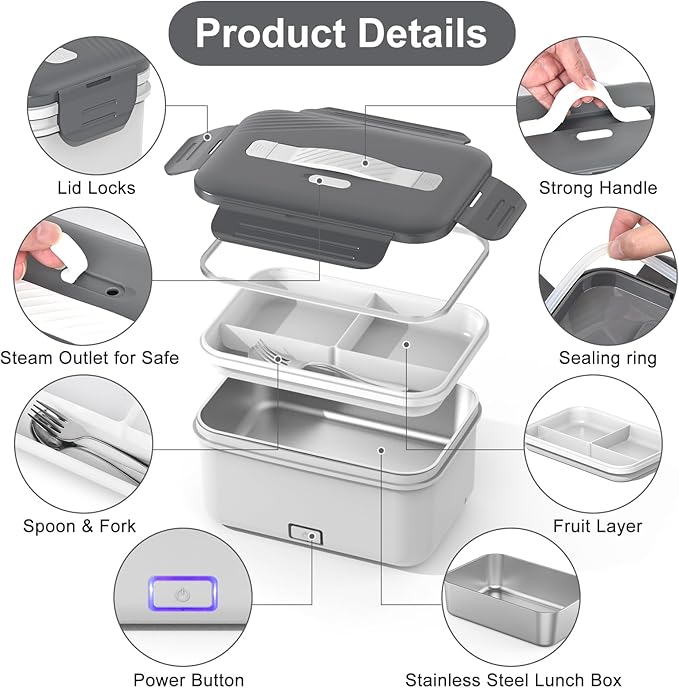 Electric Lunch Box Food Heater 100W, 4 in 1 Ultra Quick Heated Lunch Boxes for Adults 12V/24V/110V/220V Portable Food Warmer for Car/Truck/Office With Fork Spoon and Insulated Carry Bag