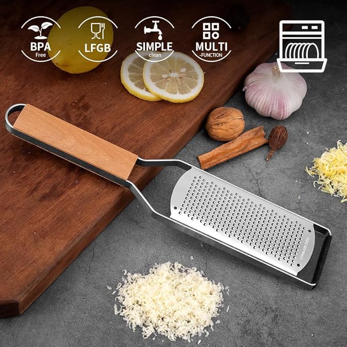 Professional Cheese Graters for Kitchen Stainless Steel Handheld,Durable Rust-Proof Metal Lemon Zester Grater With Wood Handle for Cheese,Chocolate,Spices,Kitchen Gadgets (Square Hole)