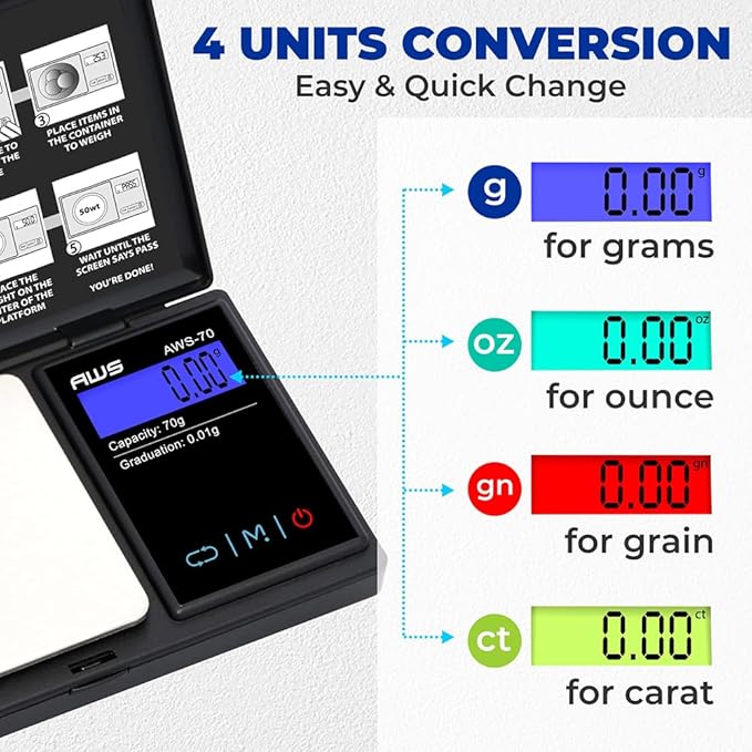 American Weigh Scales 70g x 0.01g Digital Pocket Weight Scale | Precision Digital Scale LCD Display Grams Ounces, Jewelry Scale, Small Pocket Food Scale, Electronic Lab Scale, Medicine Scale
