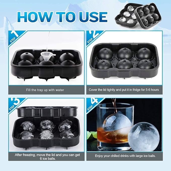 LessMo Ice Cube Trays Ice Ball Maker with Lids 2 Pack, Silicone Sphere Round Ice Mold & Large Square Ice Cube Molds Reusable & BPA Free for Freezer, Whiskey, Chilled Drinks, Black