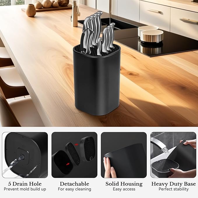 Ninonly Black Knife Block Without Knives 3 in 1 Universal Square Knife Holder Without Knives with Scissors Slot and Sharpening Rod Detachable Kitchen Knife Holder for Easy Cleaning Space Saver
