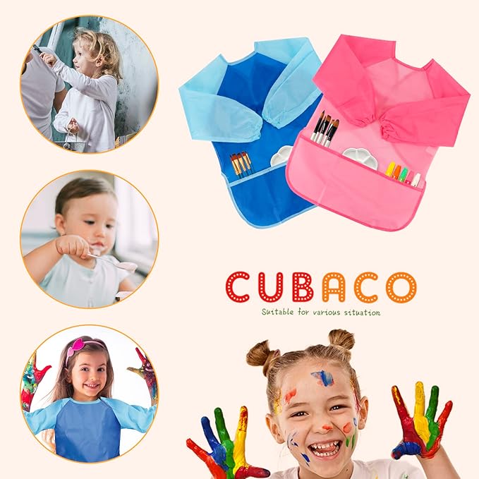 CUBACO Kids Painting Apron, 2pcs Waterproof Art Smocks For Child 3-8 Years, Kids Smocks for Painting Aprons with Long Sleeve