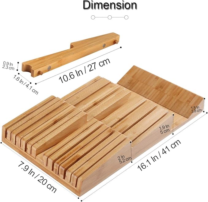 NIUXX Bamboo In-Drawer Knife Block Set for 12 Knives(Not Included), Large Kitchen Detachable Washable Cutlery Slot Organizer Storage Holder for Sharpening Steel and Cutter
