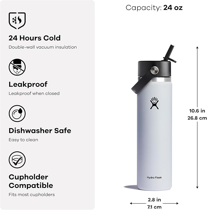 Hydro Flask Water Bottle - Insulated Stainless Steel - Wide Mouth Flex Straw Lid, Non Spill, Leakproof and Refillable in 24 Oz Holiday Punch