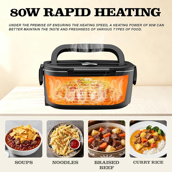 Buddew Electric Heated Lunch Box for Adults - 80W Fast Heating, 1.5L Food-Grade Stainless Steel, 12V/24V/110V Portable Food Warmer for Work Travel Car, Lonchera Electrica Portatil