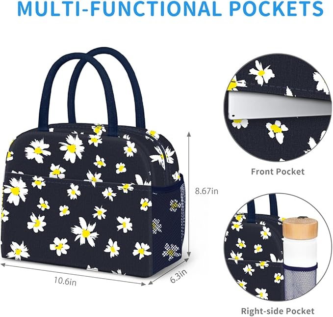 DALINDA Lunch Bag Lunch Box for Women Men Reusable Insulated Cooler Lunch Tote Bags, Leakproof Cute LunchBag Large Capacity for Work Travel Picnic, Daisy