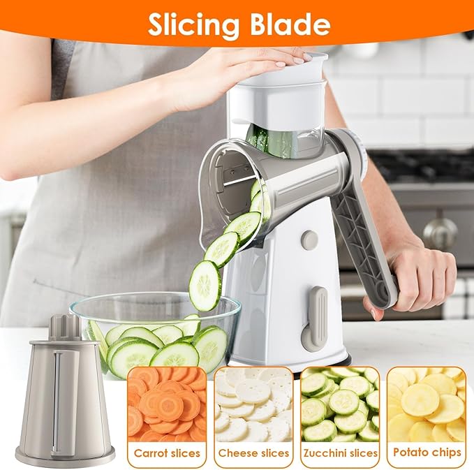 5 Blade Rotary Cheese Grater and Vegetable Chopper with Storage Box and Hand Crank, Compact Shredder for Cheeses, Veggies, Nuts - Easy to Use, Non-slip Suction Base,White