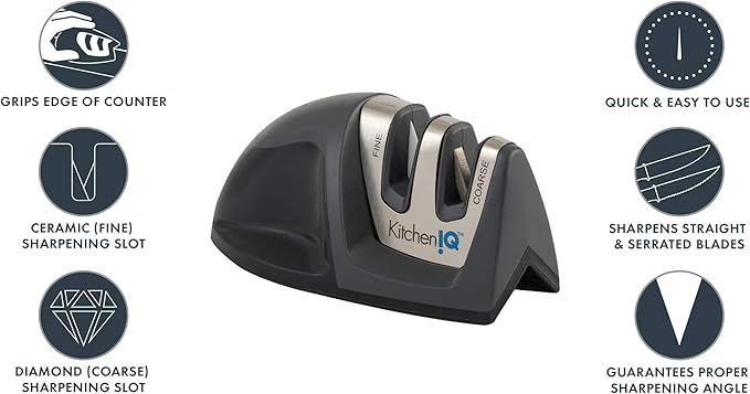 KitchenIQ 50825 | Diamond Deluxe Edge Grip 2-Stage Knife Sharpener | Black | Coarse & Fine Sharpeners | Compact for Easy Storage | Non-Slip Base | Soft Grip Rubber Handle | Straight & Serrated Knives