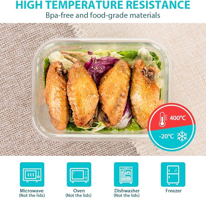 Glass Food Storage Containers with Lids, [24 Piece] Meal Prep Containers, Airtight Glass Bento Boxes, BPA Free & Leak Proof (12 lids & 12 Containers)-Grey