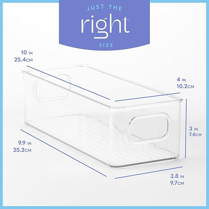 Plastic Food Storage 4 Pack Clear Container Bin with Handles for Organizing Kitchen, Pantry, Fridge, Freezer, Pantry,Bathroom. Stackable. 10"x4"3"