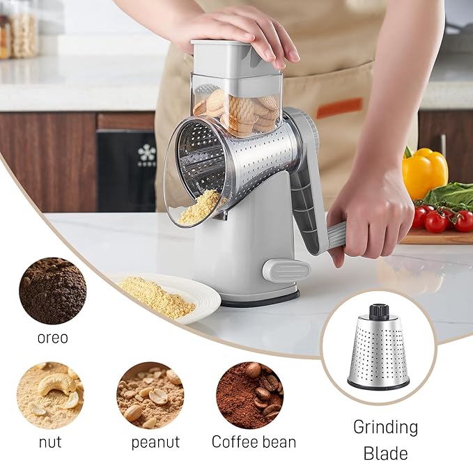 Rotary Cheese Graters with 4 Blades, Hand Crank Cheese Grater with Waffle Slicer, Red, Black and White Cheese Shredder with Suction Base, Easier for Shredding & Grating (Grey, 4 Graters)