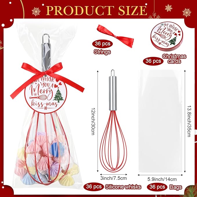36 Sets 12 Inch Christmas Whisks Gifts DIY Fillable Christmas Tree Ornaments Xmas Colored Silicone Whisks for Cooking Heat Resistant Egg Beaters with Card Rope Bag for Candy Holder