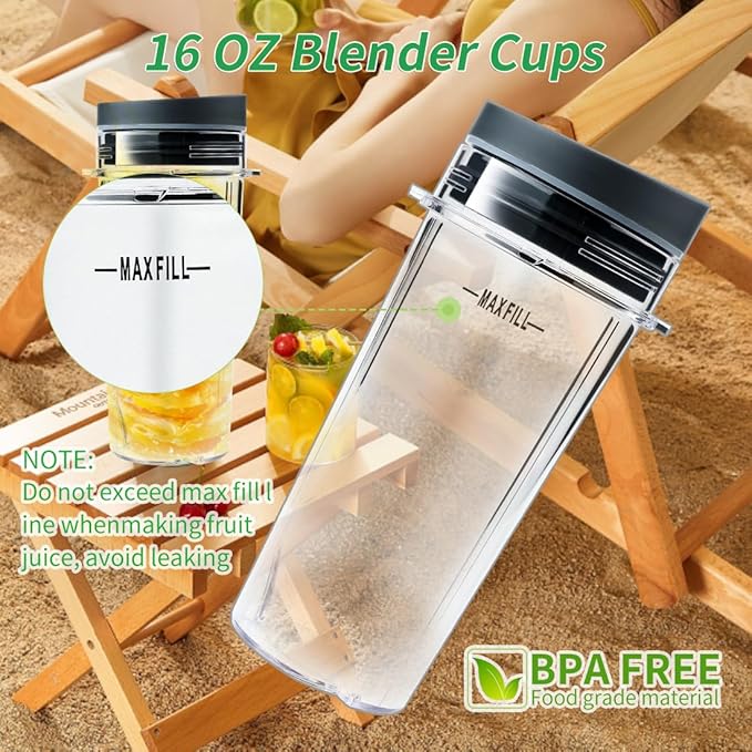 Cups Compatible with Nutri Ninja blender,Ninja smoothie blenders,2 Pack 6 Fins Blade Assembly and 2pack 16 oz Cup,suitable for BL770 BL771 BL772 BL740 BL780 BL660 BL663 (3.35 inch)