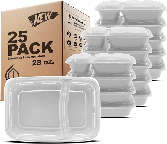 Freshware Meal Prep Containers [25 Pack] 2 Compartment with Lids, Food Storage Containers, Bento Box, BPA Free, Stackable, Microwave/Dishwasher/Freezer Safe (28 oz)