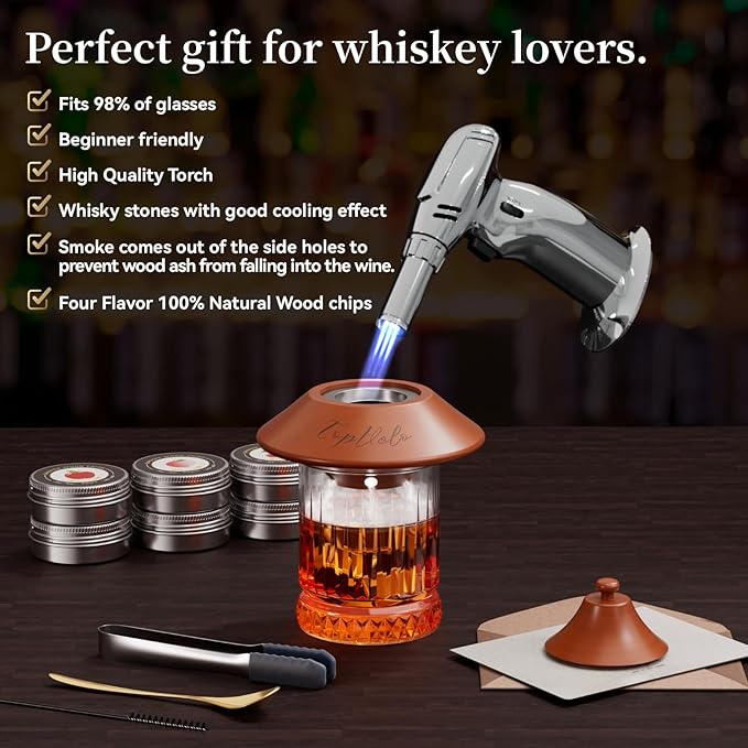Cocktail Smoker Kit with Torch and Whiskey Glass, 6 Flavors Wood Chips and 3 Whisky Stones for Whiskey & Bourbon, Gift for Husband, Birthday Gift (No Butane), Brown