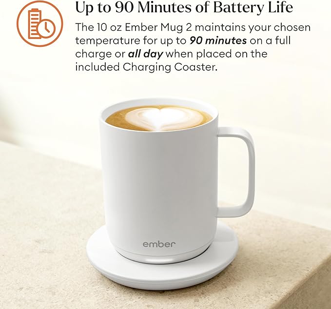 Ember Temperature Control Smart Mug 2, 10 Oz, App-Controlled Heated Coffee Mug with 80 Min Battery Life and Improved Design, White